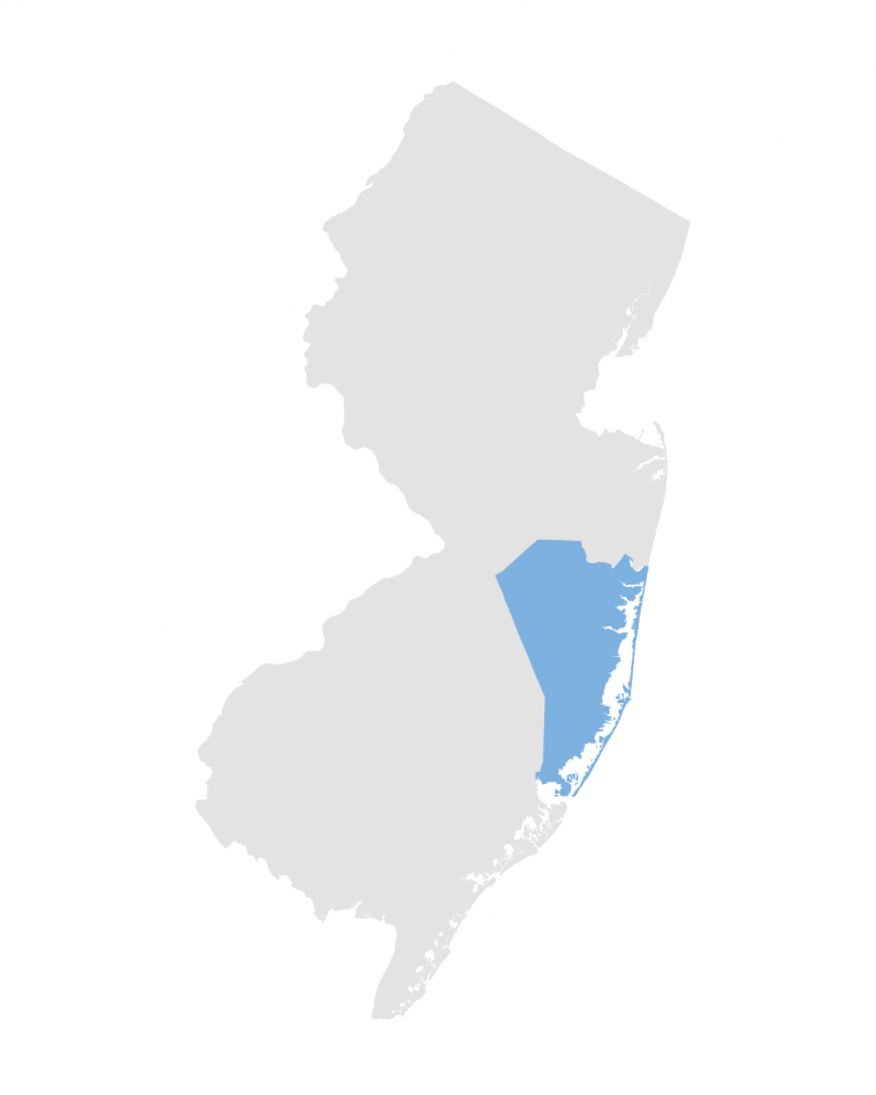 Map of Ocean County New Jersey highlighting areas served for support coordination services